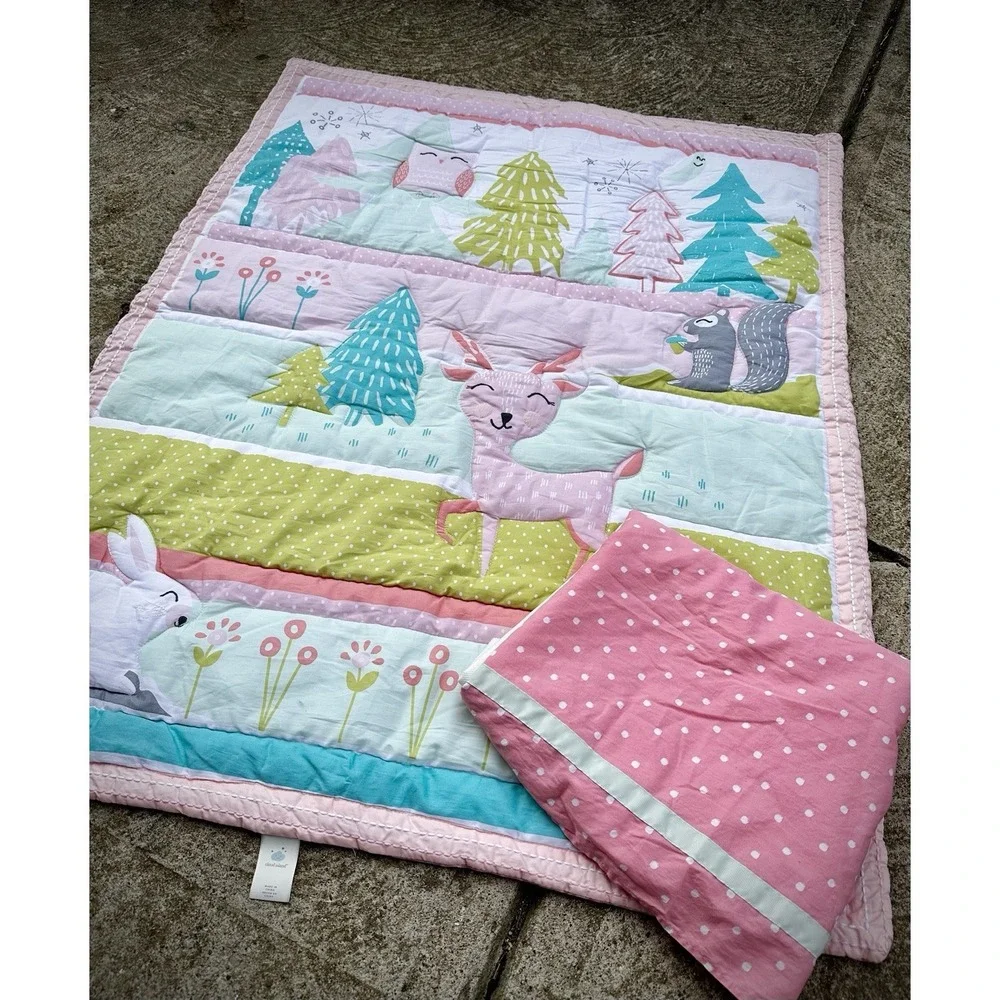 Cloud Island Woodland Theme Crib Quilt Coverlet, Pink & Multicolor